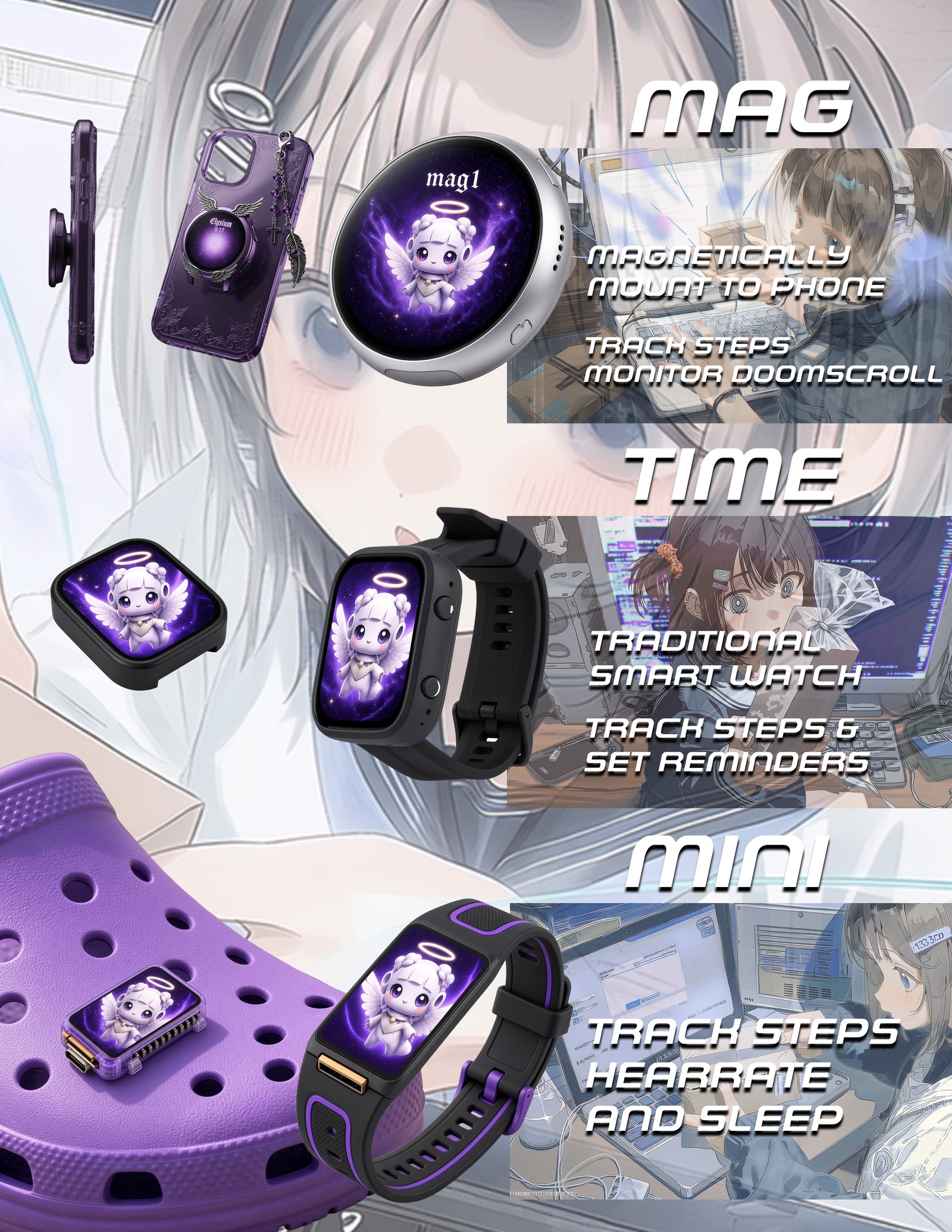 Angelgotchi product lineup - MAG, TIME and MINI