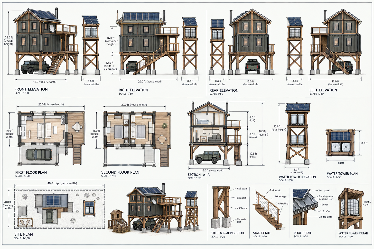 Cutaway of two living floors, half loft, rooftop deck, carport, and water tower