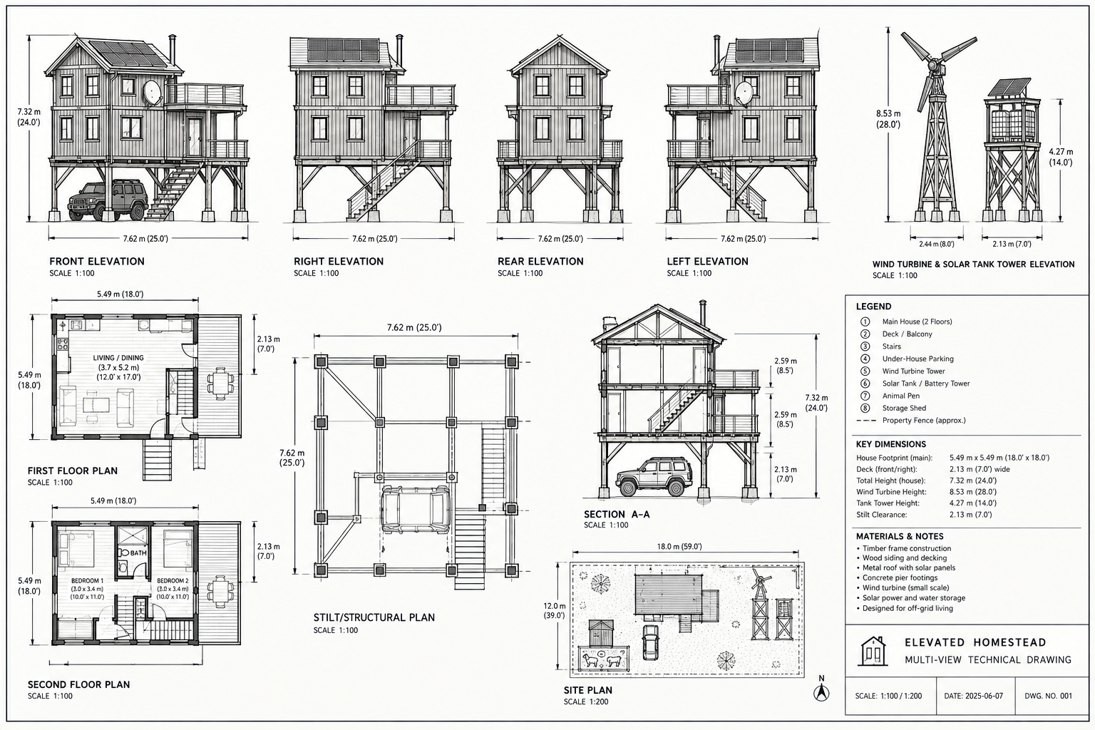 Isometric of the stilt house with loft, deck, stilts, and separate water tower
