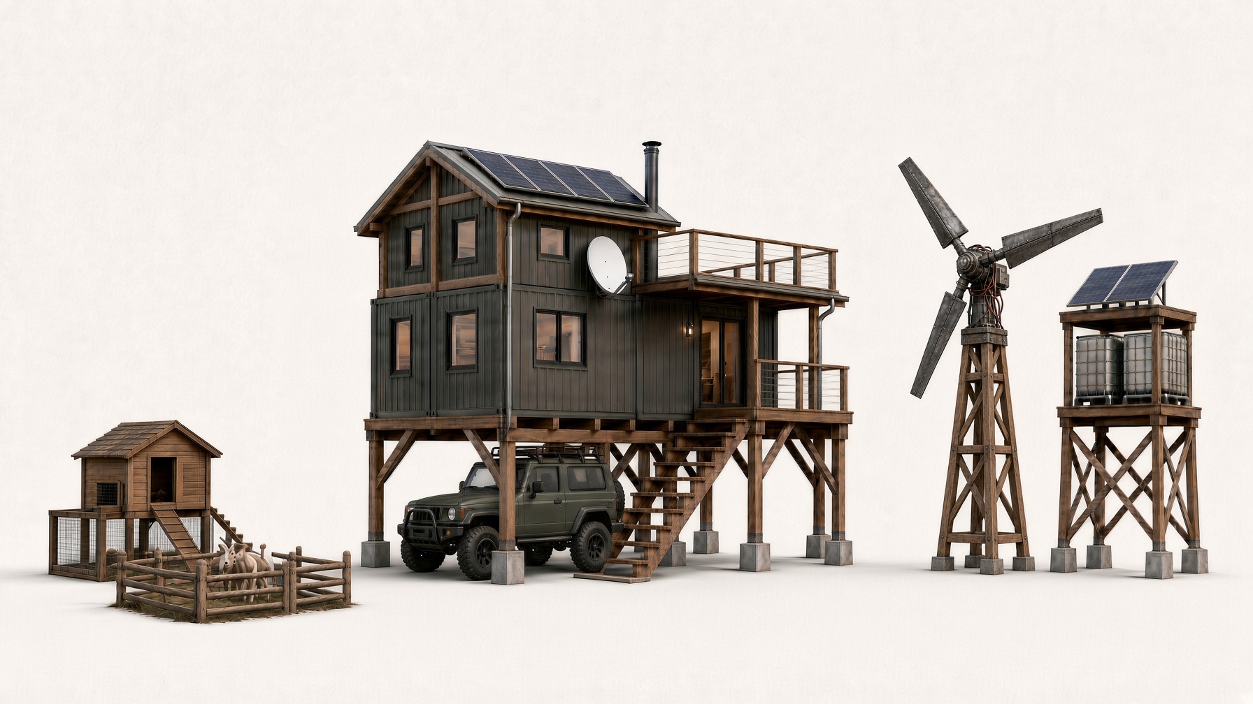 Photoreal view of the 16 by 20 stilt house, carport below, metal roof, rooftop deck, solar, water tower