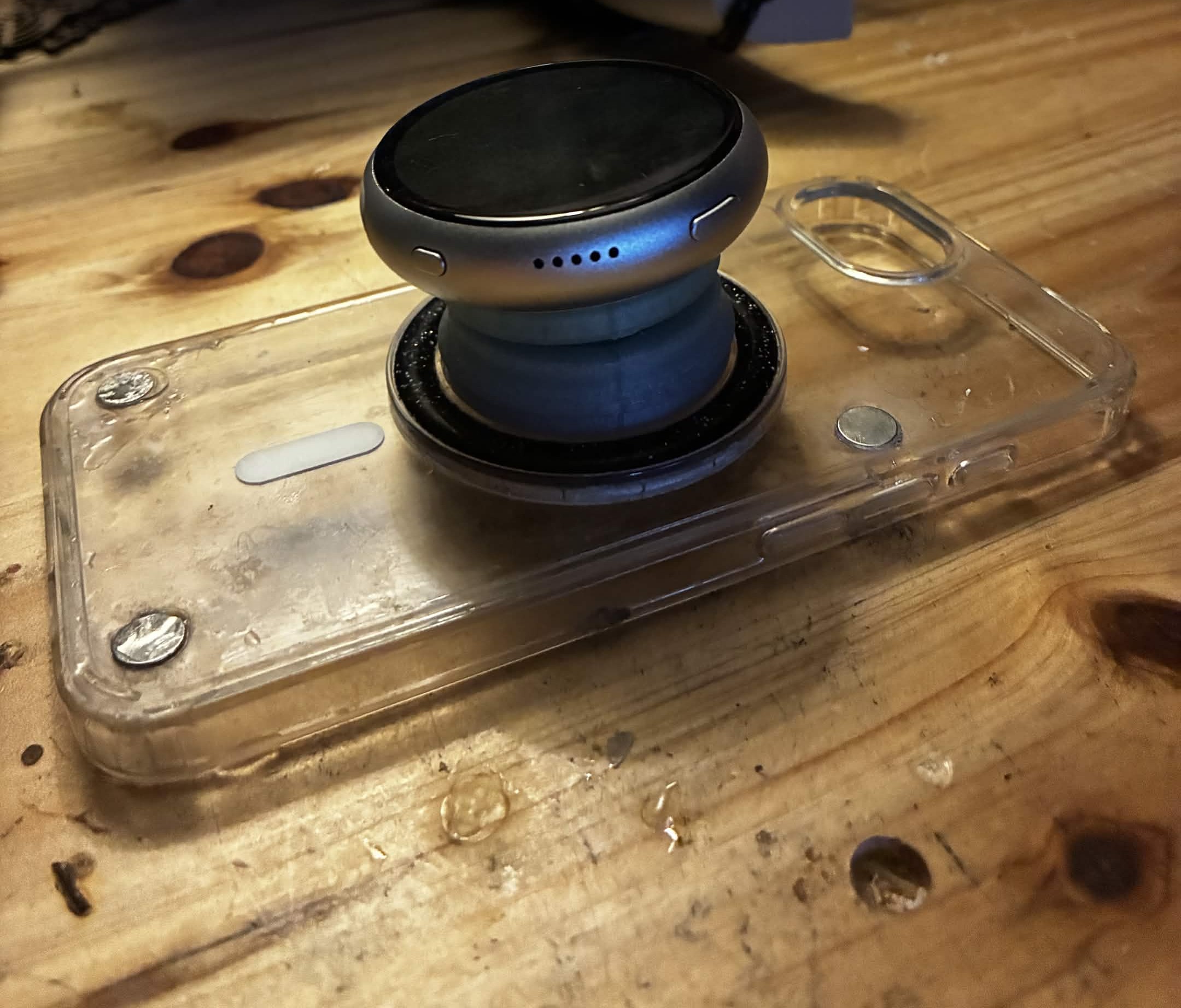 Phone case and magnetic socket prototype, alternate angle